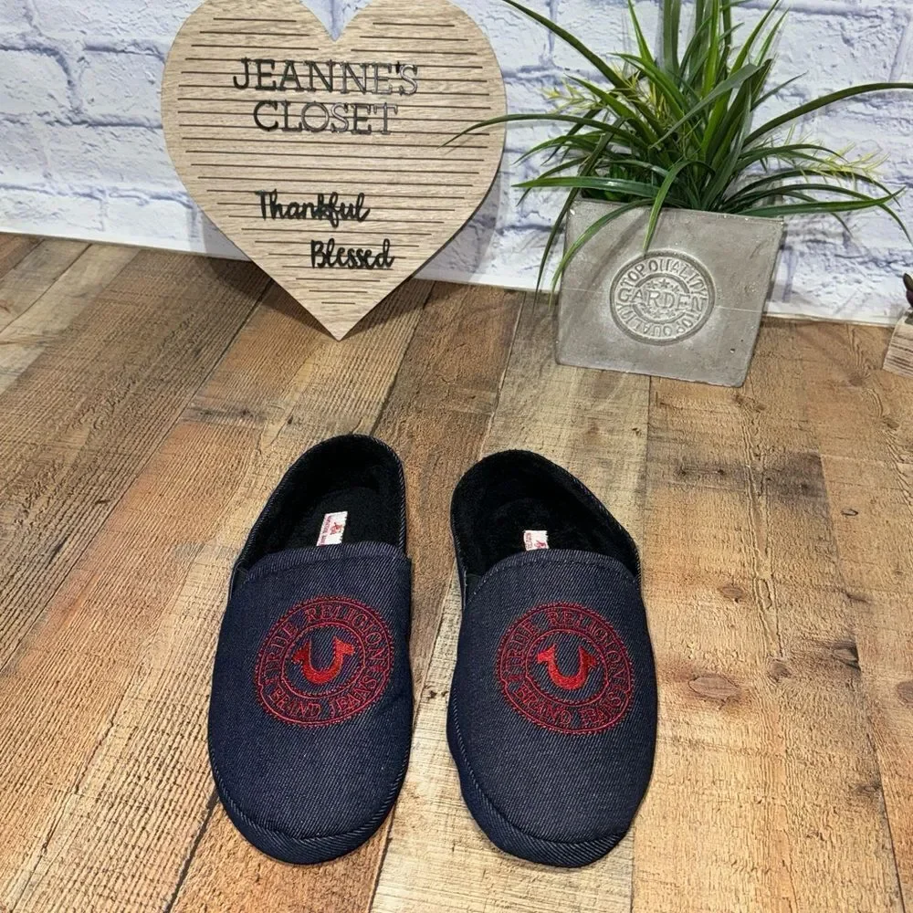 Men's True Religion Brand Jeans Blue Denim Red Logo Slippers Sz L 11/12